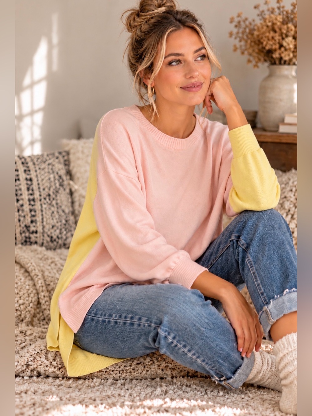 Worth New York Silk Color-block Pastel Pink & Pale Yellow Crewneck Sweater - M